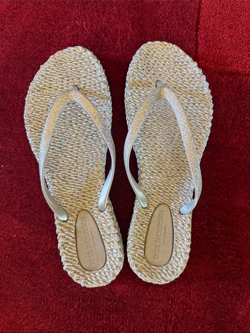 Ilse Jacobsen Silver Glitter Flip Flop Sparkly Thong Sandals, size 9